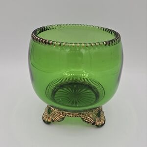Antique EAPG Colorado Green Glass Co Footed Sugar Bowl Gold Trim &‎ Beaded Rim